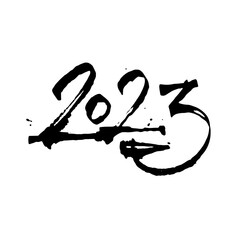 2023 Happy New Year brushpen lettering, handwritten calligraphy with grain, noise, dotwork, grunge texture for logo, banners, labels, postcards, posters, web and prints. Vector illustration.