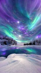 Beautiful winter solstice landscape, violet and icy blue northern lights reflecting in the lake. Merry Christmas and happy new year greeting card background.