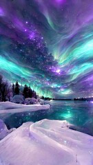 Beautiful winter solstice landscape, purple and icy blue northern lights reflecting in the lake. Merry Christmas and happy new year greeting card background.