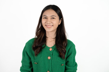 Young asian woman, professional entrepreneur standing in office clothing, smiling and looking confident, white background.