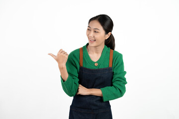 Small shop owner, entrepreneur or sales clerk standing happy and proud wearing apron. Young woman isolated on white background.