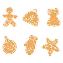 Vector set ofa various shapes Christmas gingerbread - gingerbread man, Christmas tree ball, bell, pompom beanie hat, mitten and star