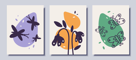 Bright posters with butterflies and flowers. Vector illustration in cartoon style.