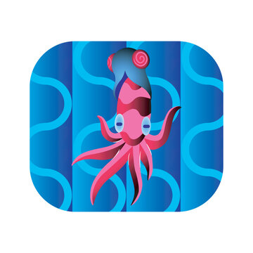 a pink cuttlefish with its dizzy cap head over a simple ocean wave design