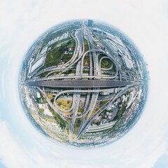360 Degree Spherical panorama of Multilevel junction motorway top view, Road traffic an important infrastructure in Thailand.Expressway Road and Roundabout.Transportation and travel concept.