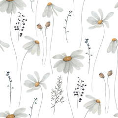 Materiał do szycia Watercolor seamless pattern with delicate flowers. Hand drawn floral illustration on white background.  Vintage summer plant