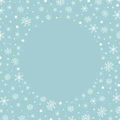 Abstract Christmas background with a round frame of white snowflakes, snow and copyspace in the center. Vector illustration.