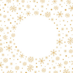 Abstract Christmas white background with a round frame of gold snowflakes, snow and copyspace in the center. Vector illustration.