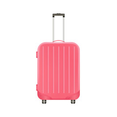 Realistic plastic suitcase. Pink travel bag isolated on white background	