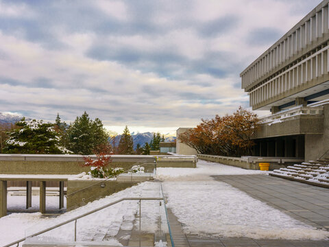 Fall colors against early winter snow with view of alpine mountains as seen from grounds of Simon Fraser University, BC.