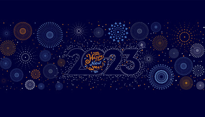 Happy New Year 2023. Vector illustration of the colorful fireworks and text on white background for holiday and celebration event.