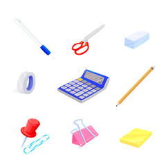 Vector set of stationery and office equipment isolated on white background. calculator, pin, binder clip, clear tape, eraser, paper clip, notepad, pen, pencil, scissors