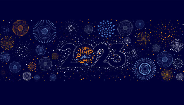 Happy New Year 2023. Vector illustration of the colorful fireworks and text on white background for holiday and celebration event.