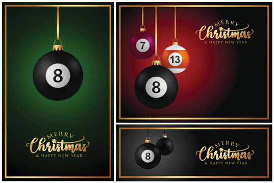 Billiards Balls Christmas greeting card - 8 ball - Pool Table Sport - luxury set on green red and black Background - Vector illustration