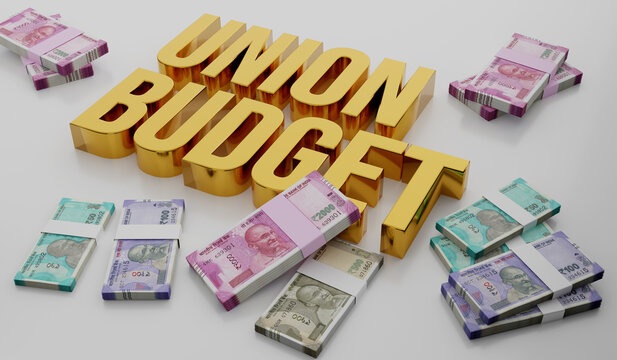 Indian Union Budget Concept with INR Rupee Notes - 3D Illustration