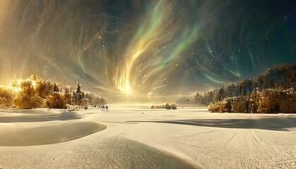 Green and golden northern lights over snow covered winter landscape, Merry christmas and happy new year greeting card background