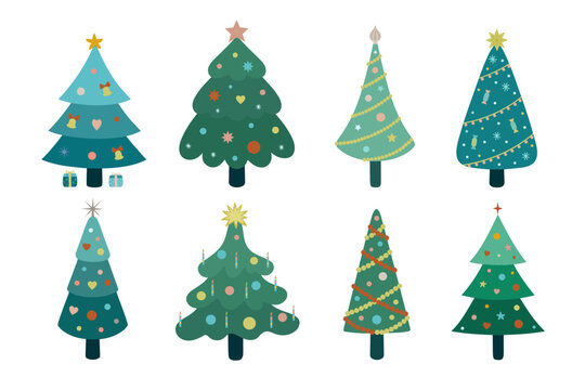 Set of decorated Christmas trees. Kit of color elegant fir trees. Flat design. Vector.