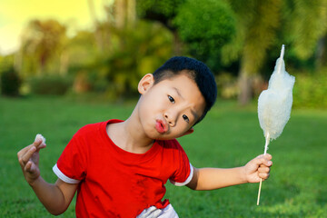 Asian boy eating cotton candy with relish. Cotton candy is made from sugar spun into thin strips....