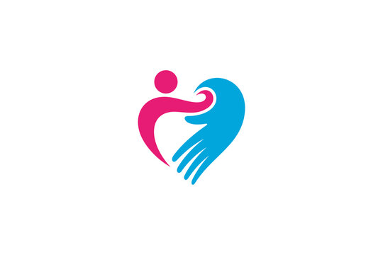 People love care logo with hand symbol and abstract person in heart shape in blue and pink colors