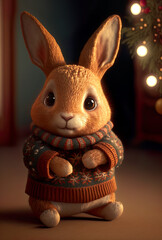 Ginger rabbit in Christmas clothes, cute stuffed rabbit, Christmas, cute, toy, card, greetings, season, winter, xmas, illustration, digital