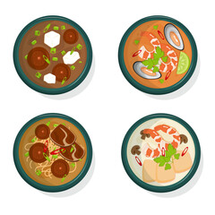 Asian soup set with different fillings. Top view.