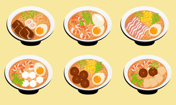 Ramen noodles set with different fillings. Japanese food. Vector illustration.