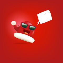 Vector cartoon monster Santa Claus red hat character with sunglasses and speech bubble isolated on red Christmas background. Merry Christmas greeting card, poster and banner with funny Santa Claus hat