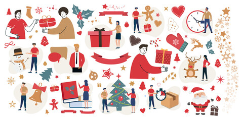 Merry Christmas and New Year hand drawn winter elements card