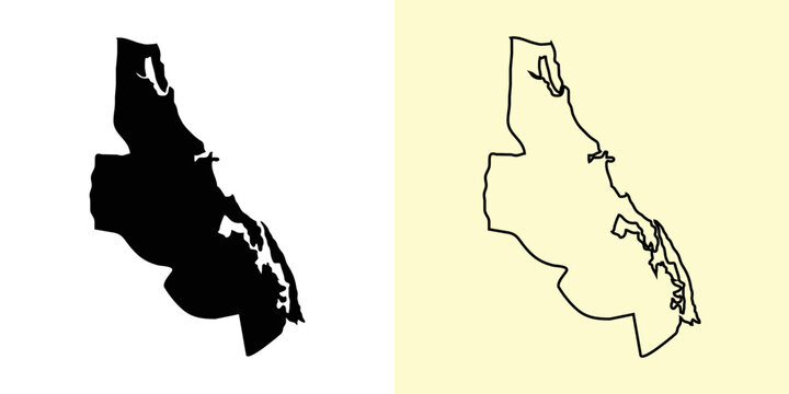 Batticaloa map, Sri Lanka, Asia. Filled and outline map designs. Vector illustration