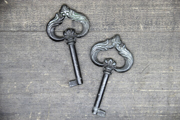 Old vintage key on wooden background