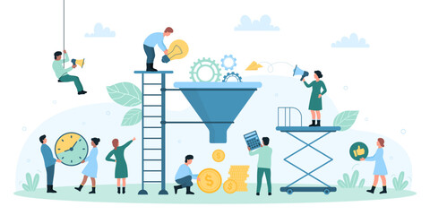 Fototapeta na wymiar Sales funnel, digital marketing vector illustration. Cartoon tiny people work with cone funnel for conversion data, gears and light bulb to money, search and find of profit strategy and solution
