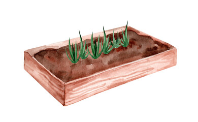 Vegetable beds, Spring work in the garden. Hand drawn watercolor illustration isolated on white background