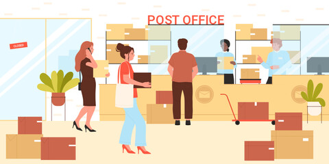 Express delivery service vector illustration. Cartoon people receive and send parcel and letter at reception counter with postal workers, man and woman customers holding boxes in post office interior
