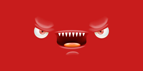 Vector funny angry red christmas monster face with open mouth with fangs and evil eyes isolated on red background. Christmas cute and angry monster design template for poster, banner and tee print