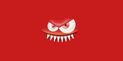 Vector funny angry red christmas monster face with open mouth with fangs and evil eyes isolated on red background. Christmas cute and angry monster design template for poster, banner and tee print