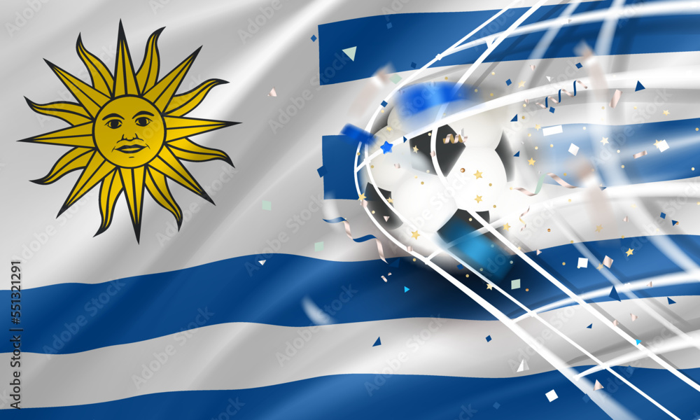 Poster The ball in the soccer net. Goal vector concept with flag of Uruguay. 3d vector banner with blur effect