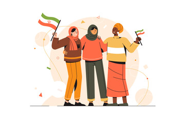 Iranian flag with women illustration. Vector. Banner for demonstration in Iran, Iranian women protest banner. Slogan "Women Life Freedom". Iran flag. Women empowerment.