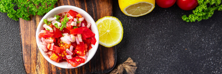 tomato salsa traditional spicy food fresh healthy meal food snack on the table copy space food background rustic top view