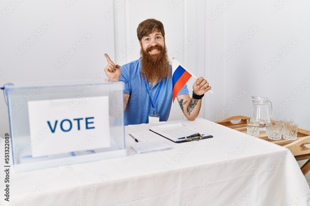 Sticker Caucasian man with long beard at political campaign election holding russia flag smiling happy pointing with hand and finger to the side