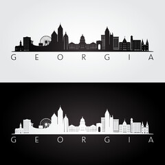 Naklejka premium Georgia state skyline and landmarks silhouette, black and white design. Vector illustration.