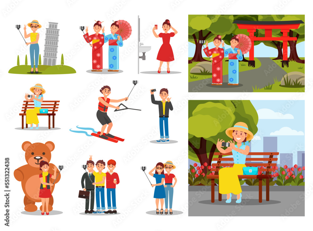 Poster people characters taking selfie on smartphone with stick scene big vector set