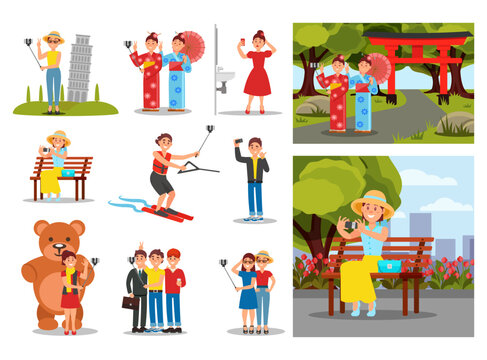 People Characters Taking Selfie on Smartphone with Stick Scene Big Vector Set