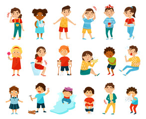 Sick Unhealthy Kids Suffering from Different Disease and Illness Big Vector Set
