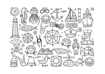 Nautical icons of navigator, ship and captain, lighthouse and sailor. Art background. Outline style for your design