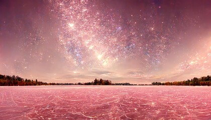 Golden and pink aurora borealis over the lake, winter landscape  - obrazy, fototapety, plakaty