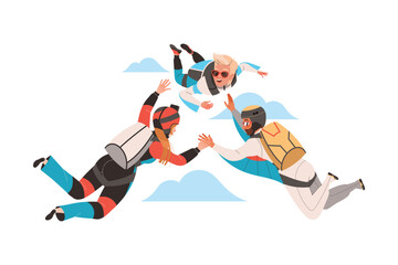 Fototapeta na wymiar Man and Woman Characters Skydiving Falling Down with Parachute in Tandem Vector Illustration