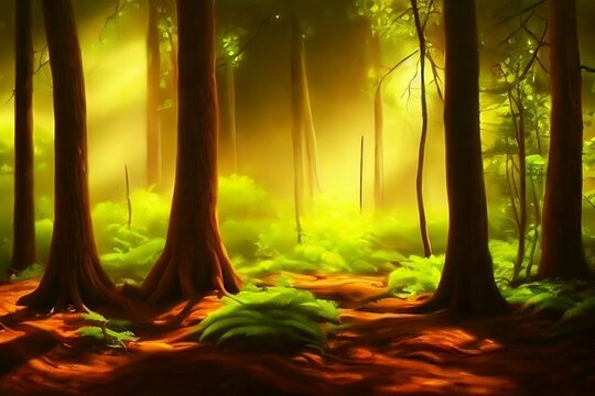 Beautiful 3D Nature and landscape wallpaper with a sunshine view, green forest, pine trees and misty sky
