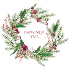 Christmas wreath framed with fir twigs, cones, mistletoe and leaves. Watercolor, New Year's illustration.