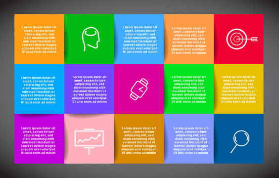 15 blocks horizontal infographic in bright colors with shadows and light in the background