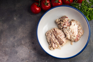 raw brain pork offal fresh meat meal food snack on the table copy space food background rustic top view